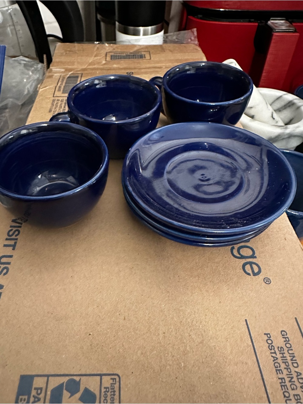 3 Blue Ceramic espresso cups and Plate Set  3 coffee cups